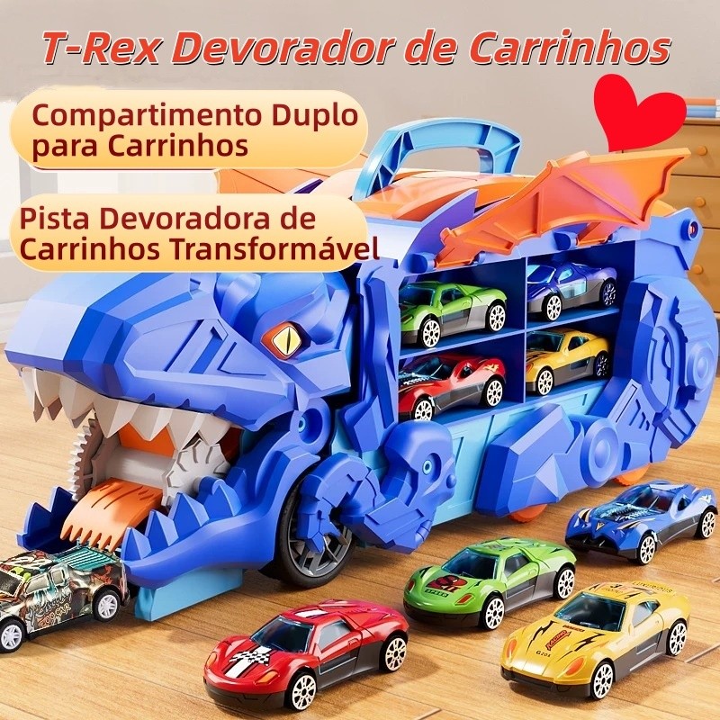 Caminhão Dinossauro T-Rex Engole Carrinhos 4 Carros Metal Transformável ...