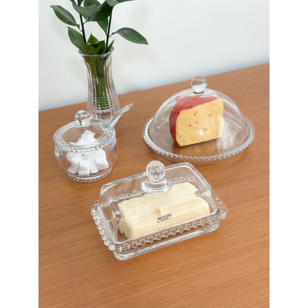 Kit Café da Manhã 3 Itens Queijeira Açucareiro Manteigueira Pearl Bolinhas Wolff Vidro