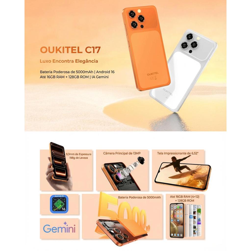 Celular OUKITEL C17 4G 128GB 16GB RAM Expandida Tela 6,52