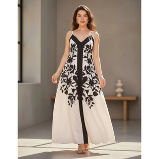 Vestido Longo Floral Preto E Branco Alças Finas em Oferta na Shopee
