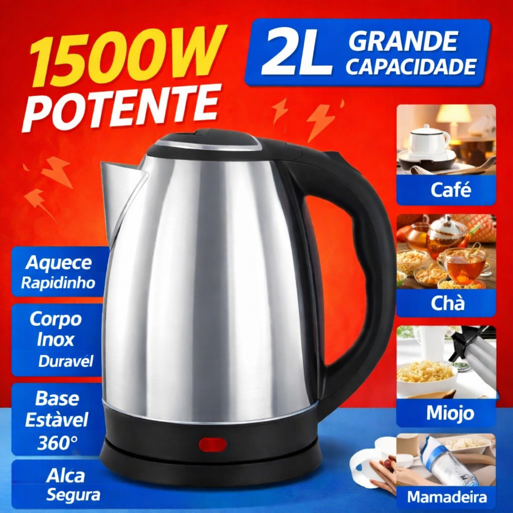 Chaleira Elétrica Inox 2L 1500W para Café Chá e Leite Potente e Segura | Shopee Brasil