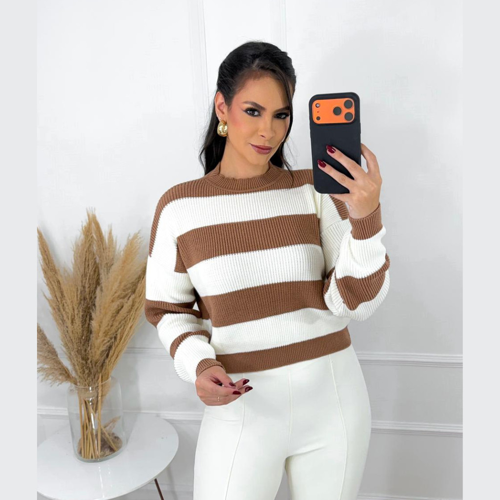 Blusa Manga Longa listrada feminina Tricot Modal Outono Inverno