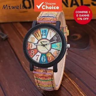 Miwell Relógio Giratório De Madeira Feminino Retrô Listrado Couro Casual em Oferta na Shopee
