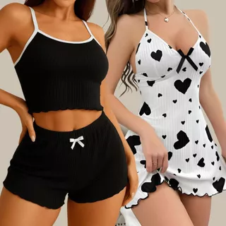 Kit 2 Conjuntos Baby Doll Feminino Sexy Camisola e Pijama Lingerie Blogueirinha em Oferta na Shopee
