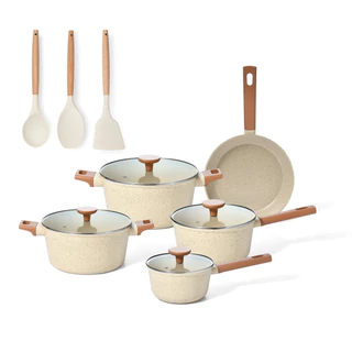 jogo com 5 panelas antiaderentes de ceramica indução bege mou pitaya e 3 utensílios de silicone - oi em Oferta na Shopee