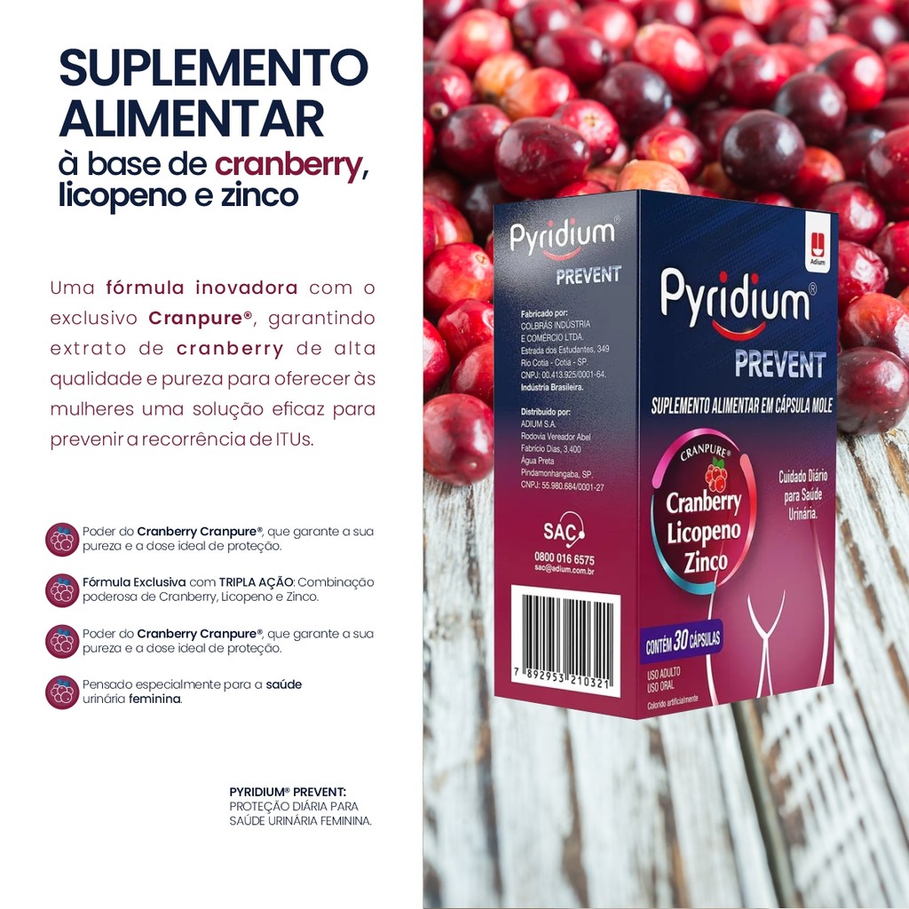 Pyridium Prevent Cranberry Licopeno Zinco 30 Cps - Adium | Shopee Brasil