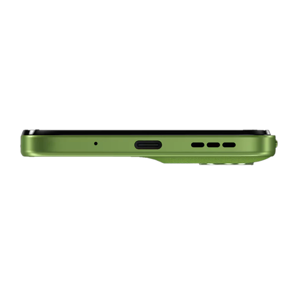 Lateral inferior do Smartphone Motorola Moto G06 4G verde, evidenciando a porta USB-C e alto-falantes.