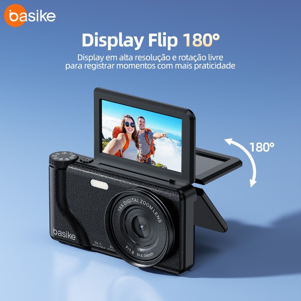 Basike Câmera Digital Portátil 4K 64 MP Zoom 18x Tela Giratória Ideal para Vídeos e Fotos