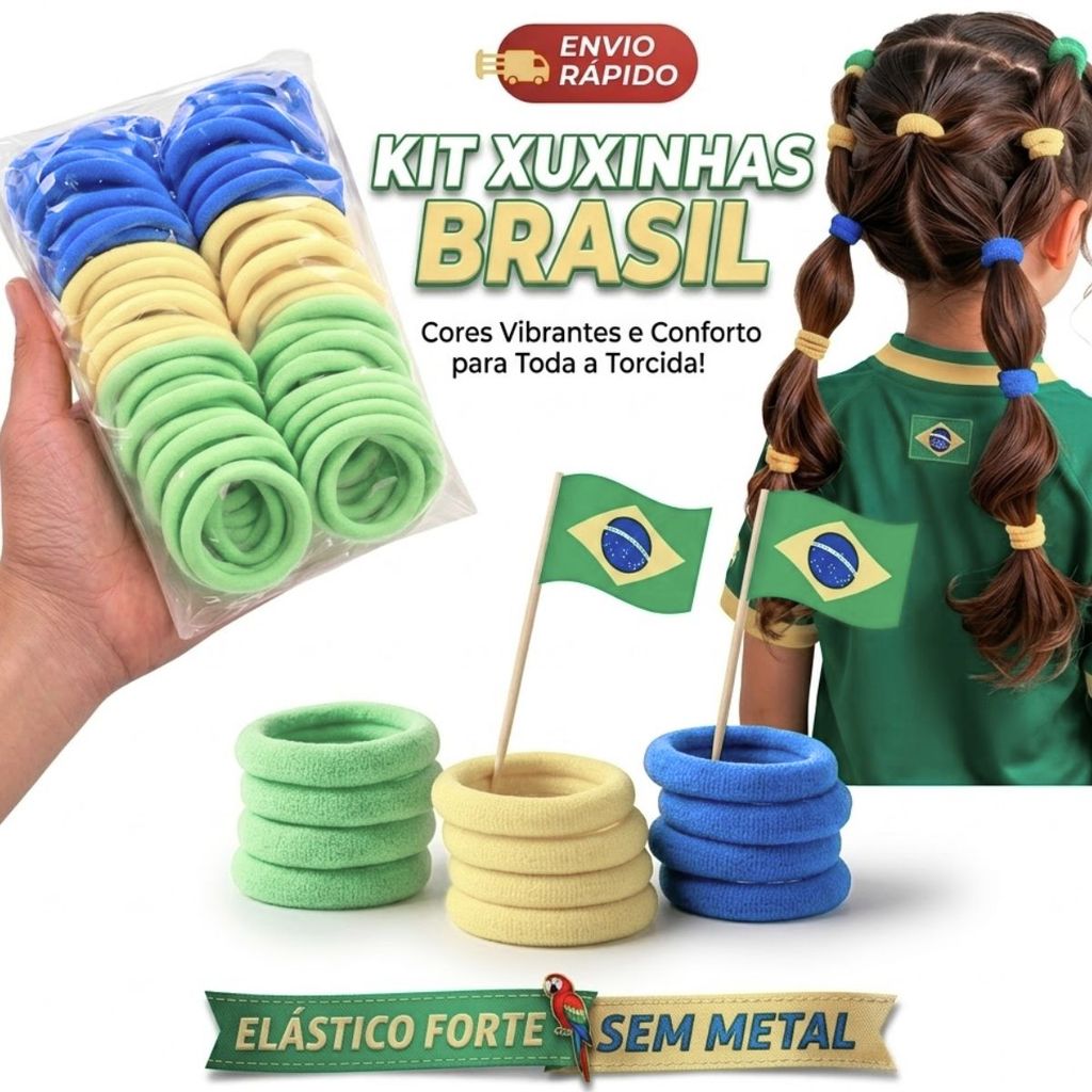 Kit Xuxinhas Elástico de Cabelo Copa do Mundo Rabicó Colorido Cores Brasil Verde Amarelo Azul em Oferta na Shopee