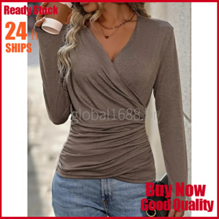 {EM ESTOQUE} Nova Coleção Primavera 2026: Camiseta Feminina de Manga Longa com Decote em V, Cor Sólida, Elegante e Moder
