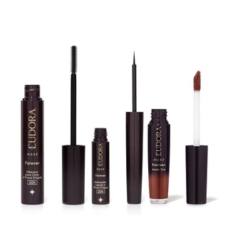 Combo Eudora Make: Máscara Cílios Forever 8g + Delineador Líquido Forever 3ml + Batom Líquido Marrom Nude Icônico 4ml em Oferta na Shopee