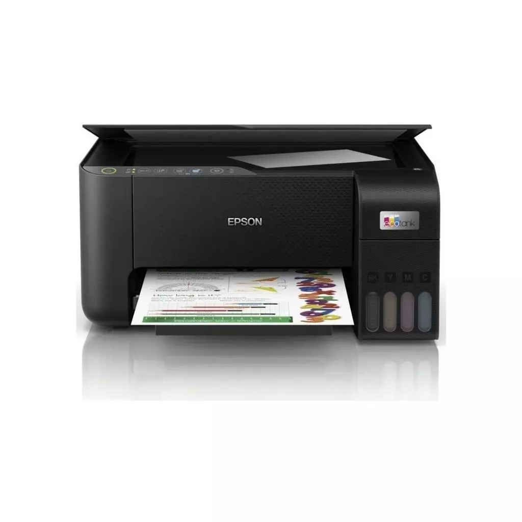 Impressora Epson L3250 vista de frente com documento impresso saindo da bandeja
