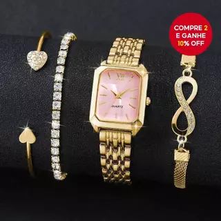 Conjunto de Relógio e Pulseira em Aço Inoxidável Dourado para Mulheres - Moda Casual, Presente de Dia dos Namorados, em Oferta na Shopee