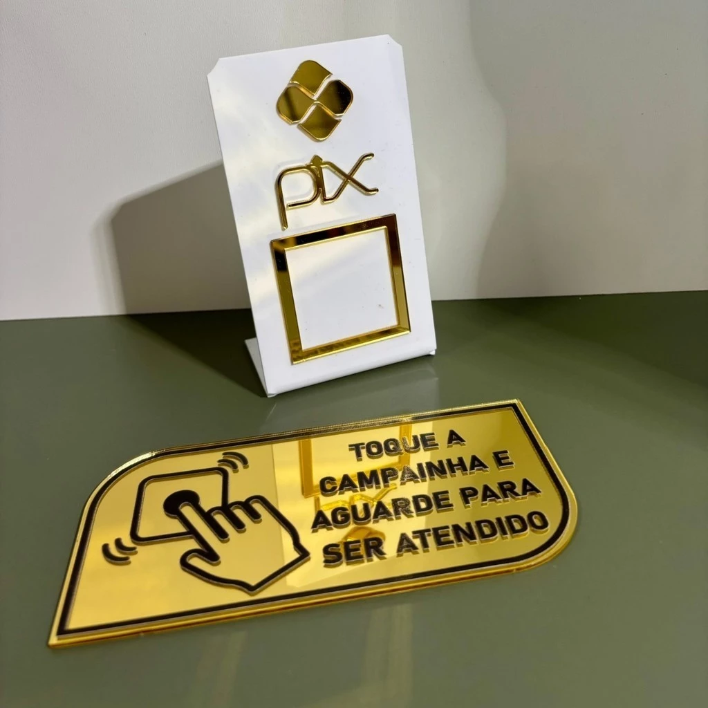 Kit Placa Pix Personalizada Qr Code + Placa Campainha Identificação Balcão Acrílico Espelhado