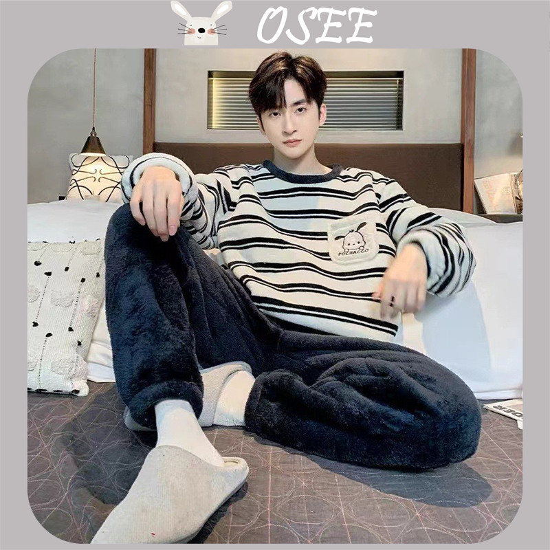 [OSEE] Pijama Masculino de Inverno em Flanela de Lã Coral, Manga Longa, Conjunto Casual para Casa, para Outono e Inverno em Oferta na Shopee