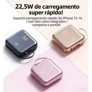 Mini power bank portátil 20.000 mAh com IOS e cabo Tipo C