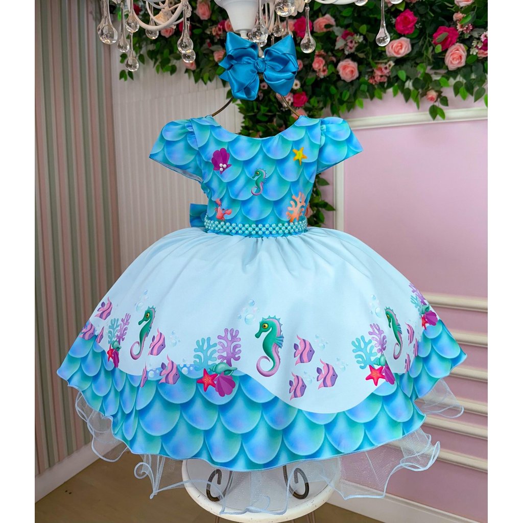 Vestido Tematicos Kids Fundo do Mar - Sereia Ariel Azul | Shopee Brasil