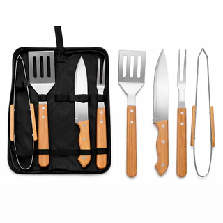 Kit Churrasco Completo 4 Peças Aço Inox com Estojo Faca Garfo Pinça Espátula Cabo Madeira