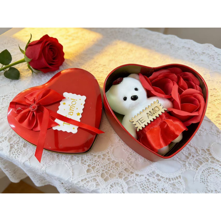 Kit Com 5/10 Unidades Caixa Coração de Metal Com Ursinho e Rosas Presente Para Namorada Esposa Amiga Mãe em Oferta na Shopee