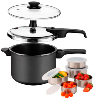 Panela De Pressão 2 Em 1 Rochedo Segura 4,5L Antiaderente Grafite Com Jogo De Potes Em Aço Inox 5pçs em Oferta na Shopee