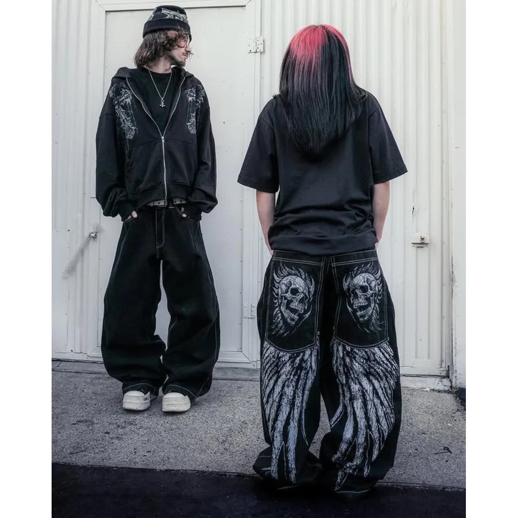 Y2K Baggy Jeans Punk Impressão Grande Bolso Masculino Casual Rock