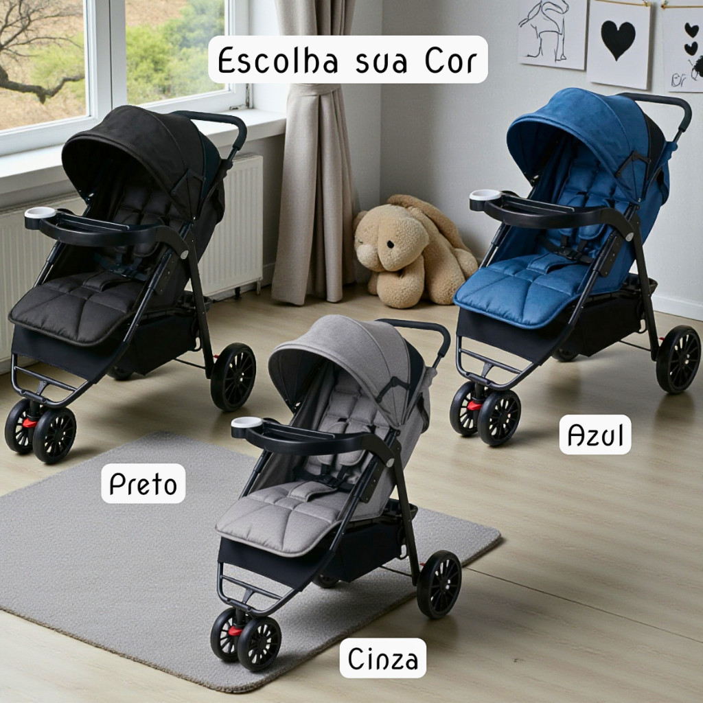 Carrinho de Bebê Passeio 3 Rodas Assento Acolchoado Reclinável Conforto ...