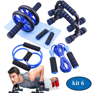 Kit Fitness 6 em 1 Roda Abdominal Flexão Corda Elástico Hand Grip Tapete Treino em Casa