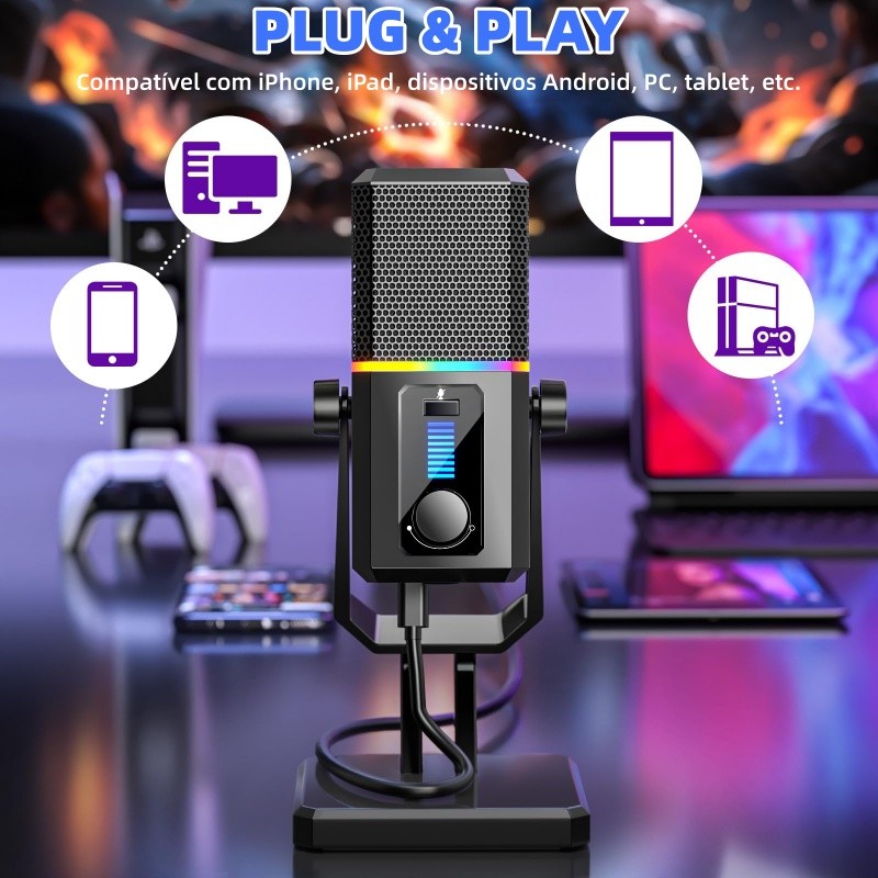 Microfone Gamer Condensador USB RGB Profissional Com Cancelamento Ruído ...