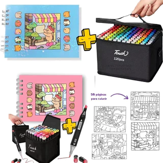Kit Livro De Colorir Capa 50 Páginas + Kit 12/24/36/48/60/80 Cores Caneta Marcadora Com Ponta em Oferta na Shopee