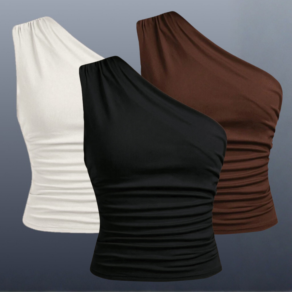 KIT 3 Blusa Mula Manca  Feminina Elegante Franzido Assimétrica Ombro Único Com Casual