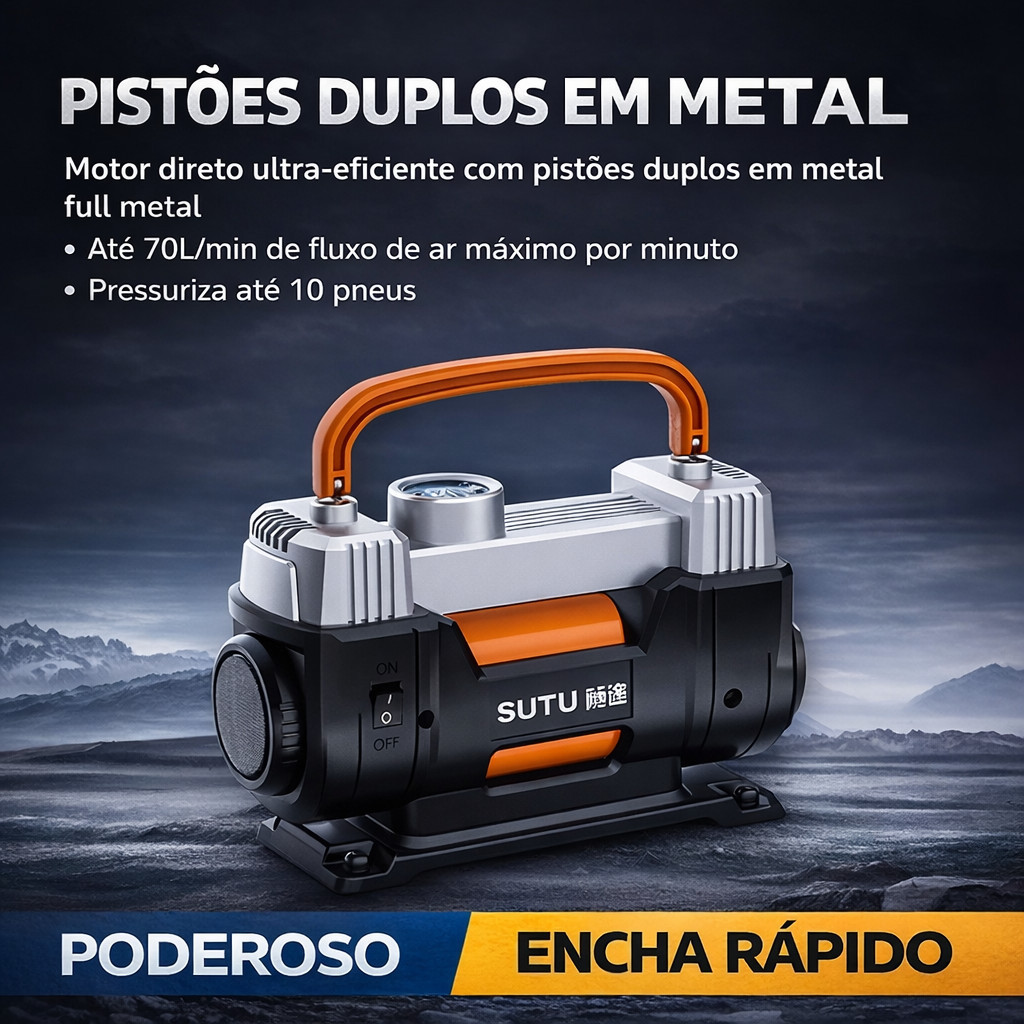 Compressor de Ar Portátil Duplo 12V Inflador Automático para Carro Moto ...