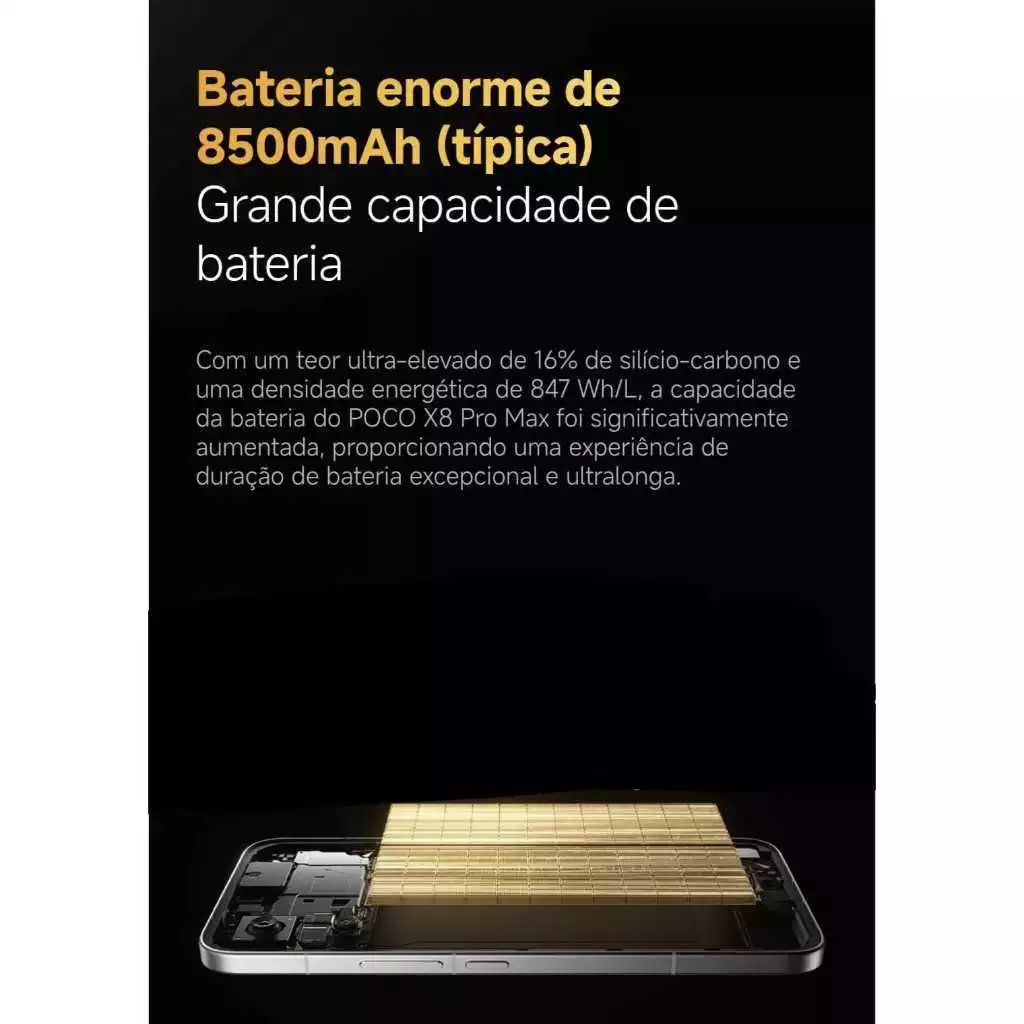 Renderização interna do celular exibindo a estrutura da bateria de silício-carbono com destaque para as camadas douradas de armazenamento de energia.