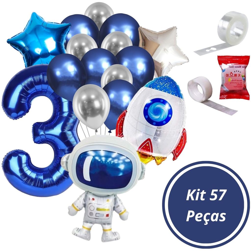 Kit 57 Pe as Decora o Astronauta PREMIUM Com Bal es Metalizados 