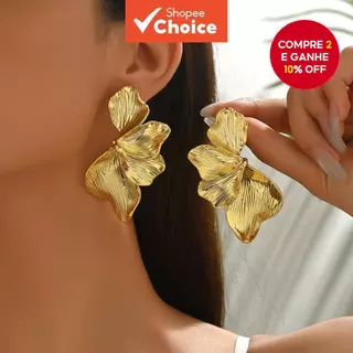 Brincos em gota com flores de pétalas grandes e exageradas, em camadas multicoloridas, para mulheres. Joia criativa e em Oferta na Shopee