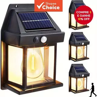 Luz de parede de tungstênio solar externa com sensor de movimento, luzes de parede LED à prova d'água IP65 para pátio em Oferta na Shopee
