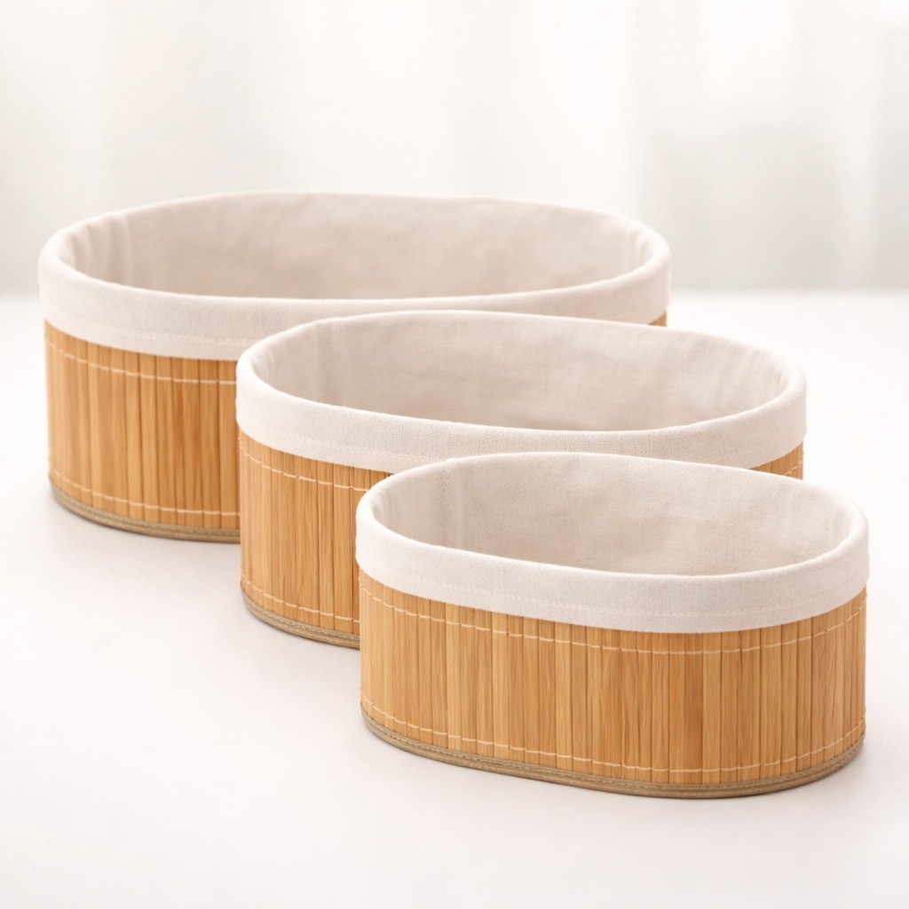 Kit 3 Cestos Organizadores Bambu Natural Multiuso Com Forro 