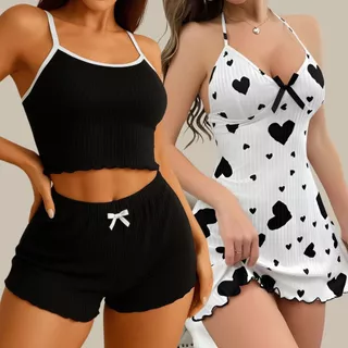 Kit Lingerie Feminino 2 Conjuntos Camisola + Pijama Baby Doll Sexy Coração Dormir em Oferta na Shopee
