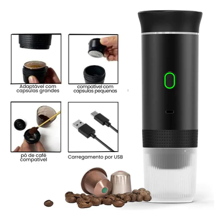 Infográfico mostrando o passo a passo da cafeteira com capsulas, cafe moido e carregamento USB