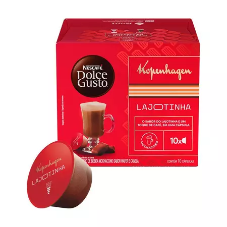 Embalagem do sabor Lajotinha Kopenhagen Dolce Gusto com uma cápsula à frente