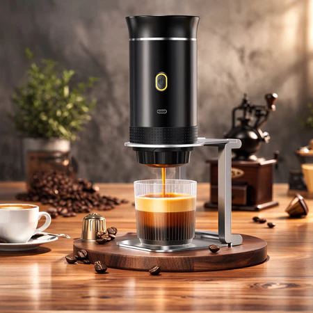 Cafeteira portatil extraindo um cafe espresso fresco em um copo de vidro sobre base de madeira