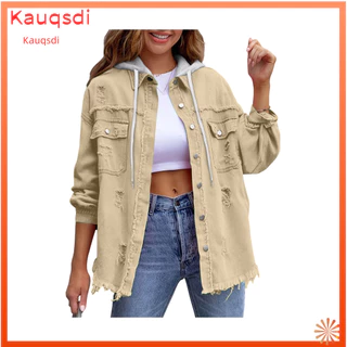 Jaqueta Jeans De Comprimento Médio Macia Feminina , Oversized Com Capuz , Casaco Rasgado Desgastado , Manga Comprida Botões Para Sprin