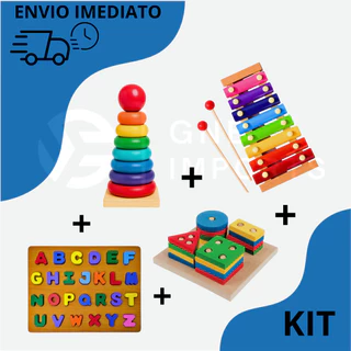 KIT Brinquedos Montessori de Madeira – Torre de Encaixe e Xilofone Sensorial Didático