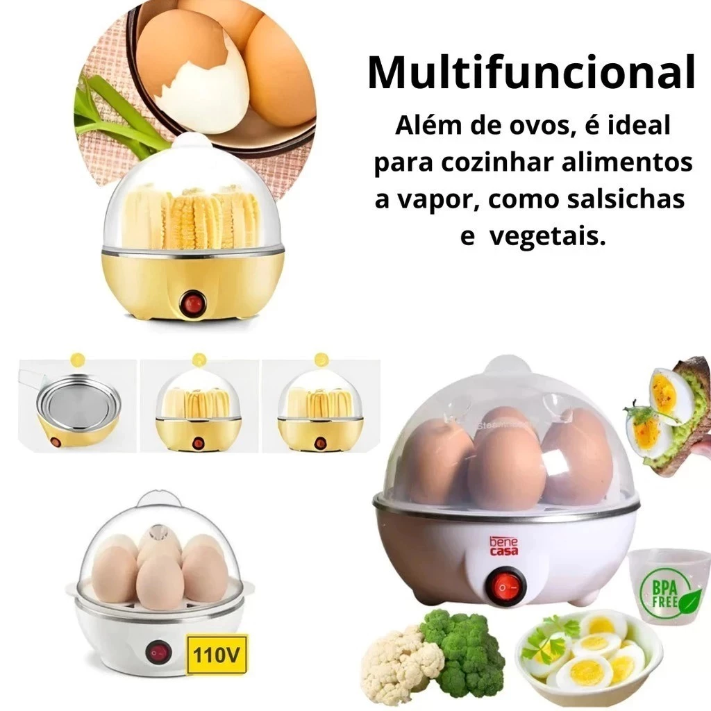 Cozedor de ovos elétrico branco demonstrando o cozimento de vegetais e ovos, com destaque para a versatilidade do produto