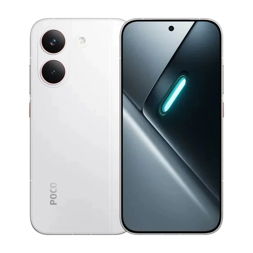Smartphone Xiaomi Poco X8 Pro 5G na cor branca, mostrando a parte traseira com duas câmeras e a tela frontal ligada