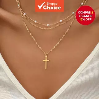 Conjunto De Colar Moderno Com 2 Peças , Corrente De Pérolas Falsas , Pingente Cruzado , Coleção De Joias Elegantes em Oferta na Shopee