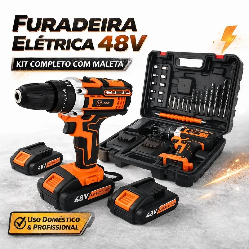 Furadeira Parafusadeira de Impacto 48V Sem Fio com 2 Baterias e Maleta