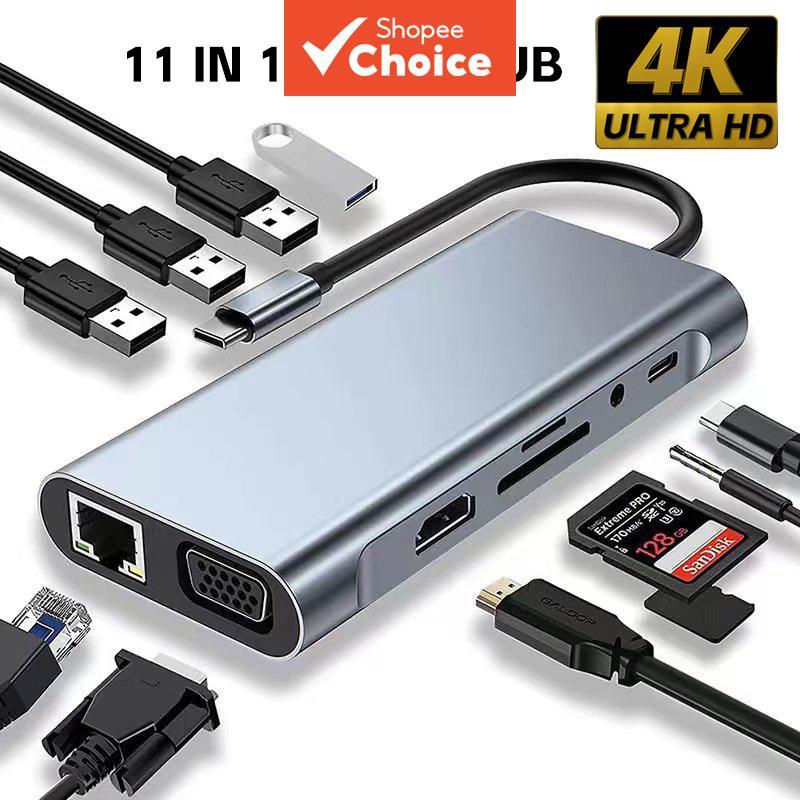Adaptador USB C 11 em 1 HUB Dongle com HDMI 4K Tipo-C PD RJ45 Leitor de ...