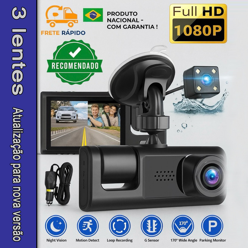 Câmera Veicular 3 Lentes Full HD – Frontal, Interna e Traseira com ...