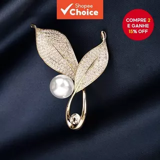 Broche de Ouro com Pérola e Folha em Liga de Ouro Acessórios Fixos Anti-Brilho em Oferta na Shopee