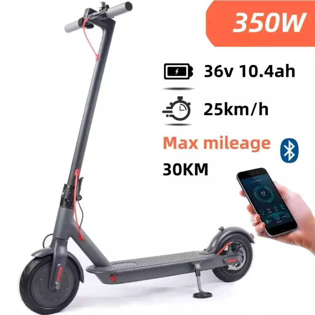 Patinete elétrico visto de lado com ícones de bateria, velocidade e alcance